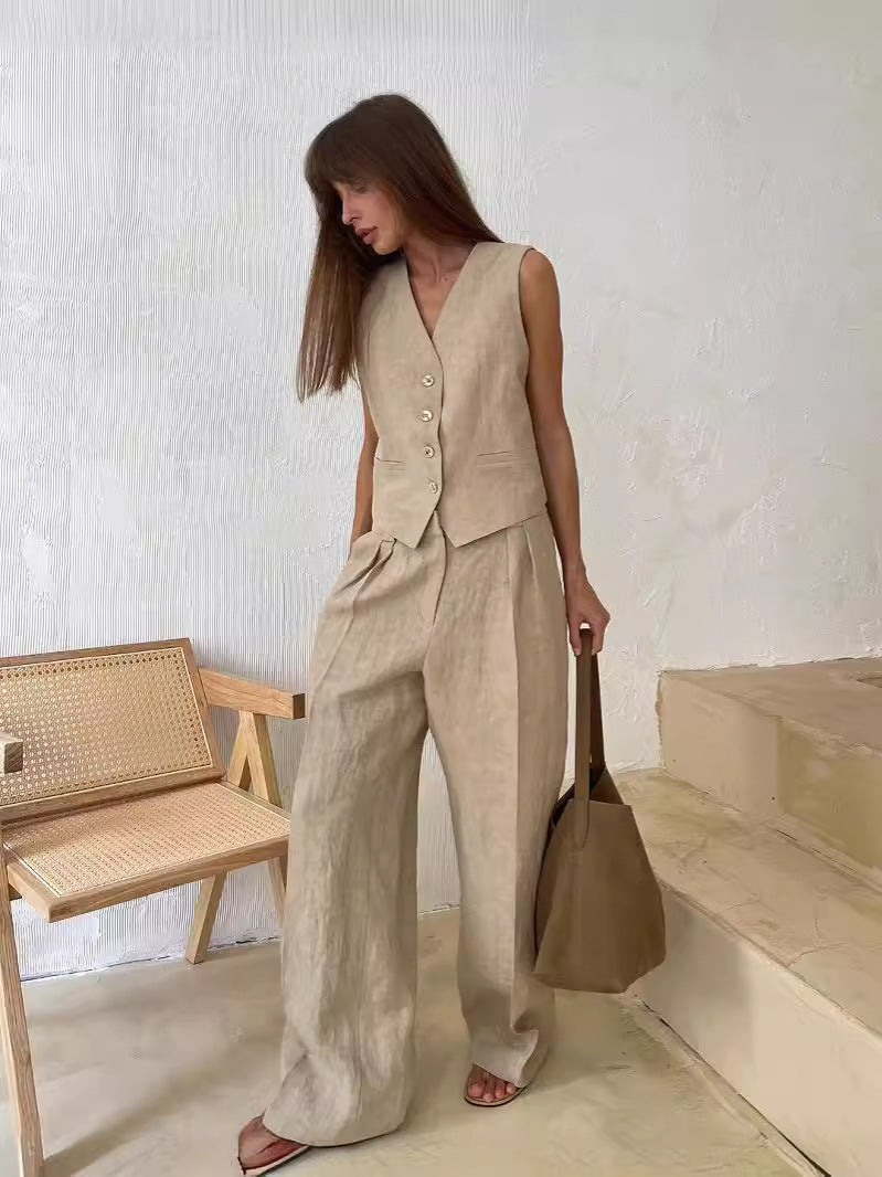 Set Completo: Gilet e Pantaloni in Cotone e Lino