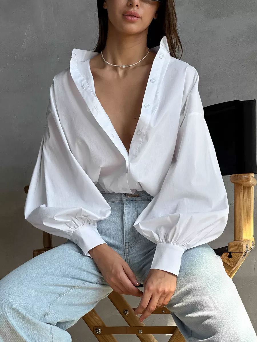 Camicia in Cotone con Maniche Voluminose