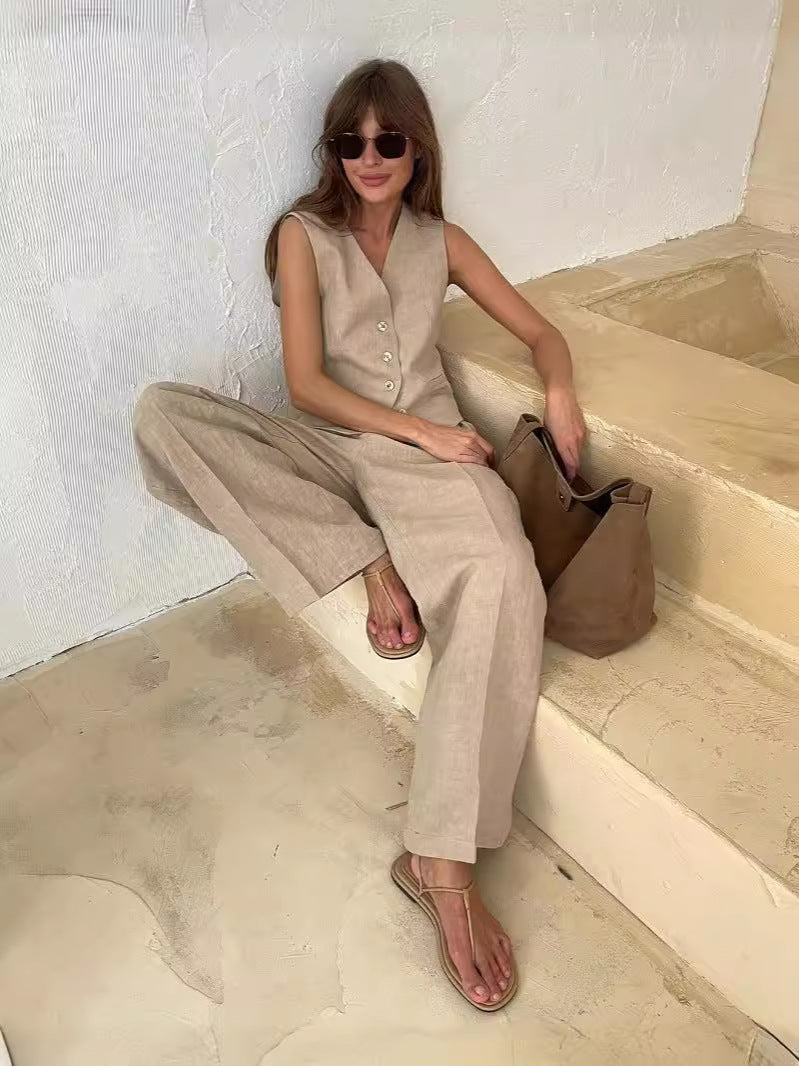 Set Completo: Gilet e Pantaloni in Cotone e Lino