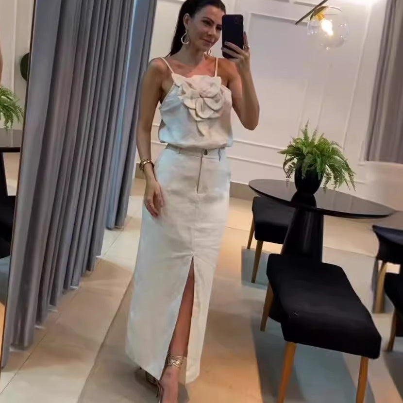 Completo Top Fiore con Gonna Midi e Fessura