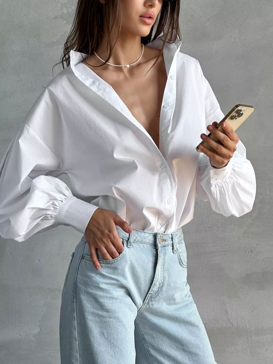 Camicia in Cotone con Maniche Voluminose