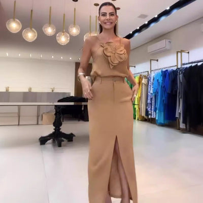 Completo Top Fiore con Gonna Midi e Fessura