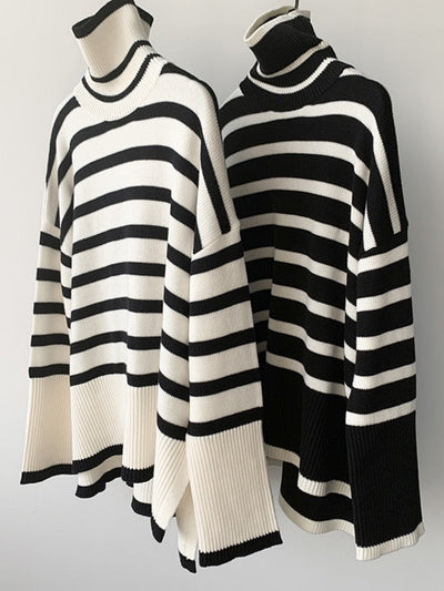 Maglione Oversize a Righe con Collo Alto per Donna