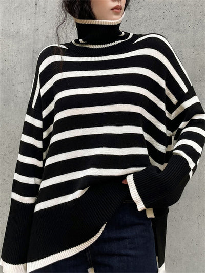 Maglione Oversize a Righe con Collo Alto per Donna