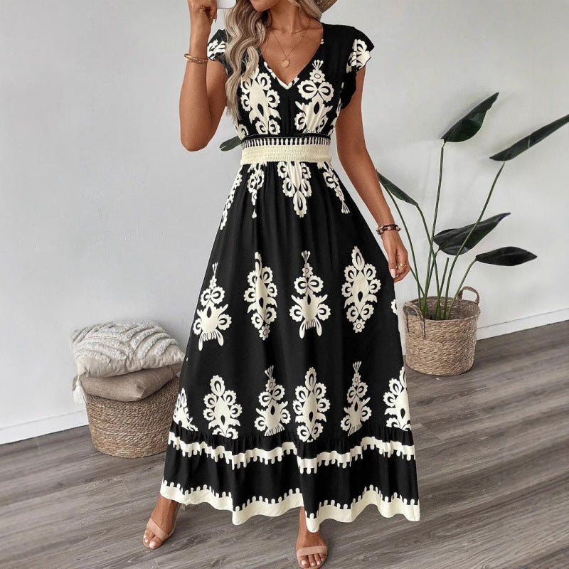 Sofia – Abito Lungo Donna con Stampa Elegante e Vita Elasticizzata