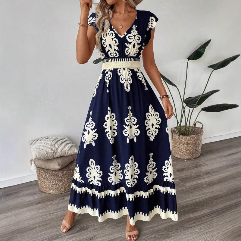 Sofia – Abito Lungo Donna con Stampa Elegante e Vita Elasticizzata