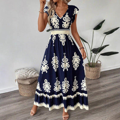 Sofia – Abito Lungo Donna con Stampa Elegante e Vita Elasticizzata