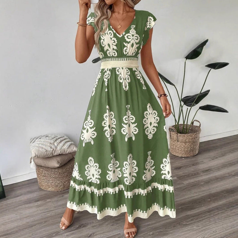 Sofia – Abito Lungo Donna con Stampa Elegante e Vita Elasticizzata