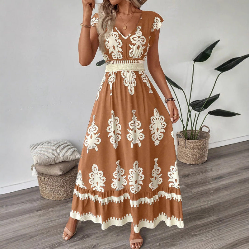 Sofia – Abito Lungo Donna con Stampa Elegante e Vita Elasticizzata