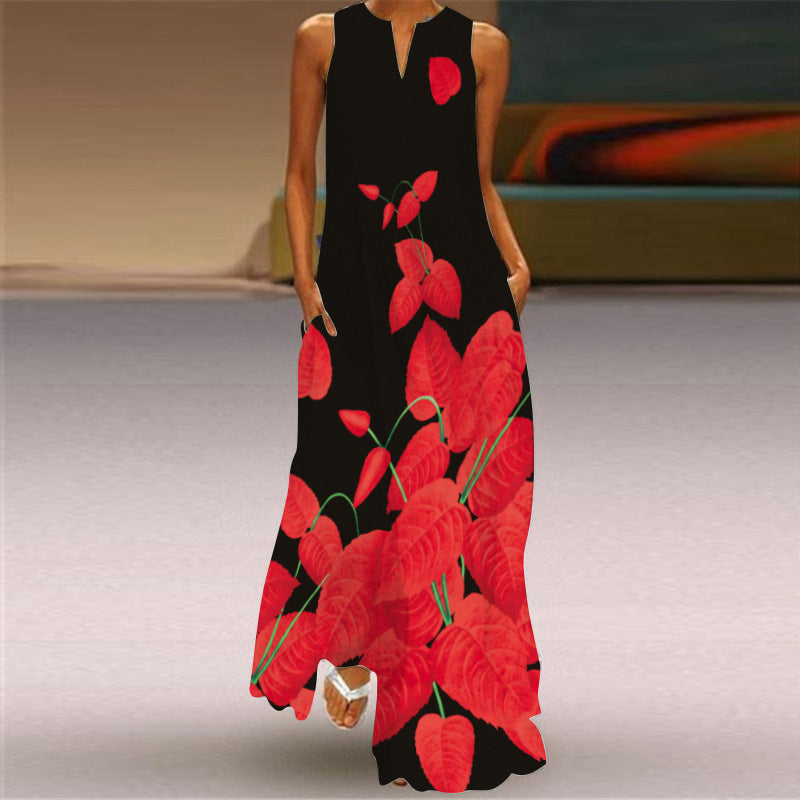 Valentina – Elegante Vestito Lungo da Donna con Tasche e Stampa Vivace