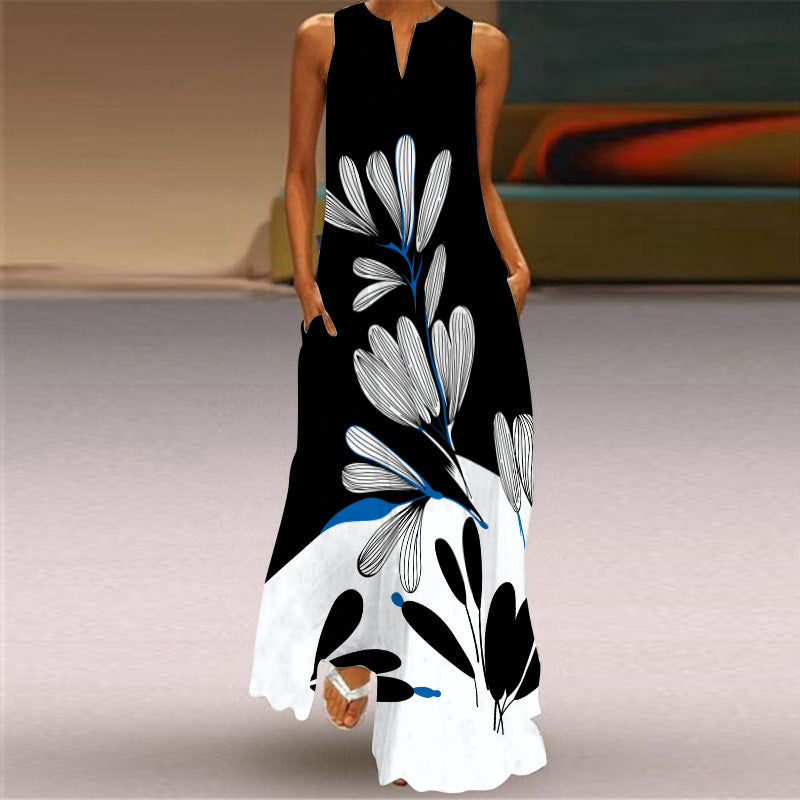 Valentina – Elegante Vestito Lungo da Donna con Tasche e Stampa Vivace