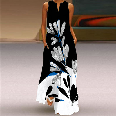 Valentina – Elegante Vestito Lungo da Donna con Tasche e Stampa Vivace
