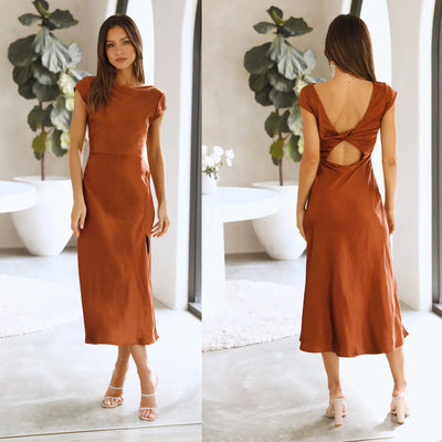 Giulia Dress – Elegant Satin Gown with Braided Back and Side Slit