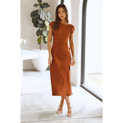Giulia Dress – Elegant Satin Gown with Braided Back and Side Slit