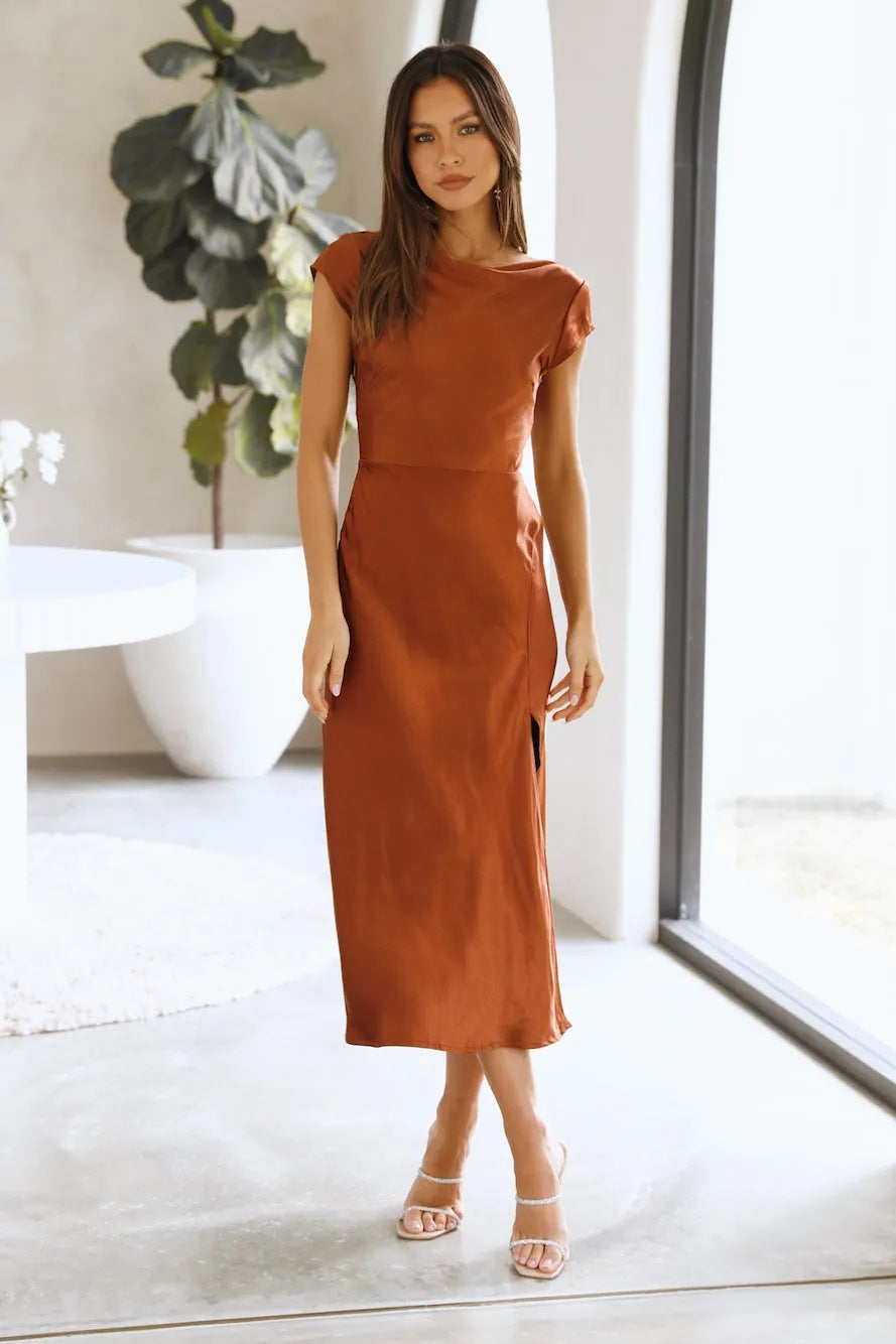 Giulia Dress – Elegant Satin Gown with Braided Back and Side Slit
