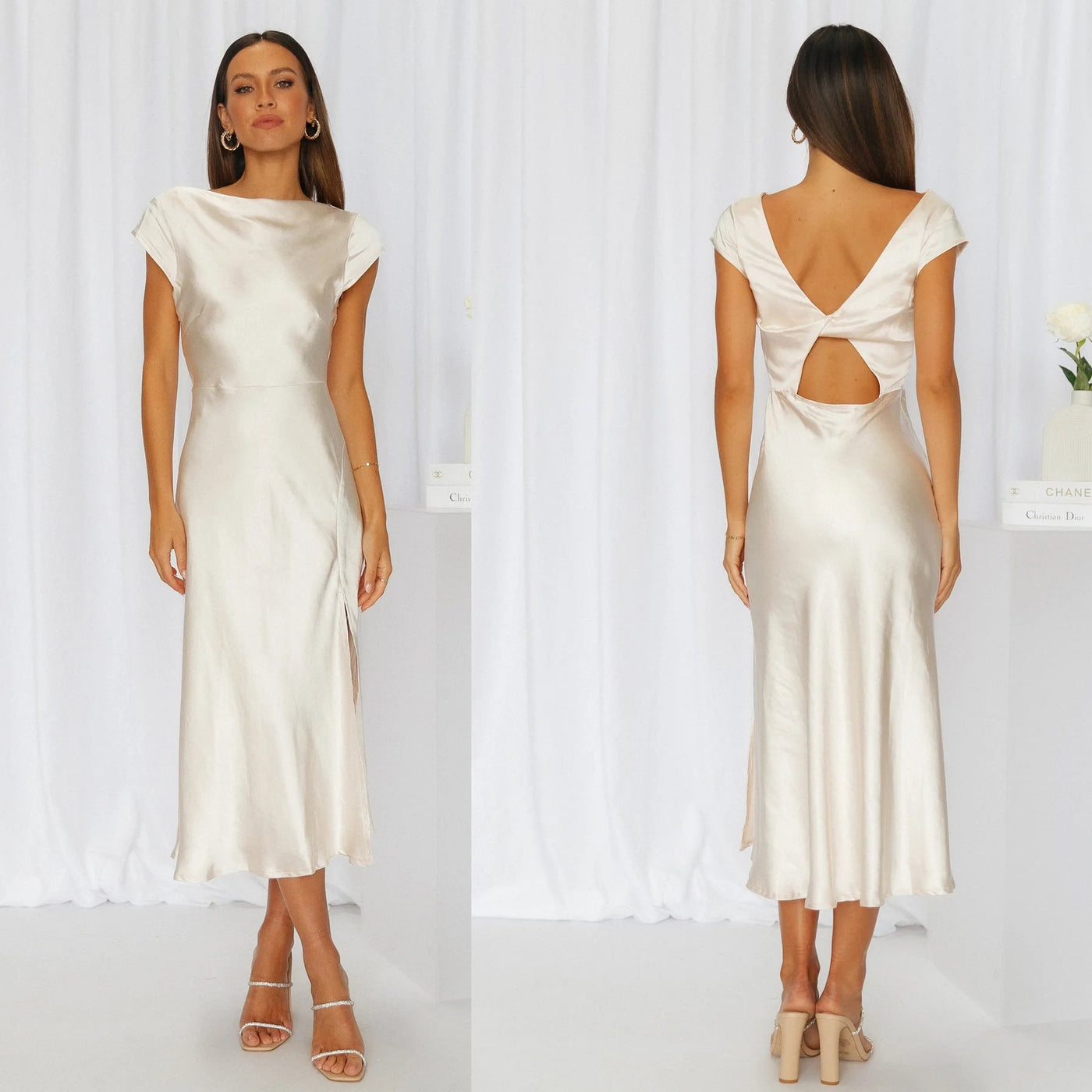 Giulia Dress – Elegant Satin Gown with Braided Back and Side Slit