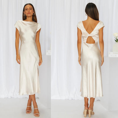 Giulia Dress – Elegant Satin Gown with Braided Back and Side Slit