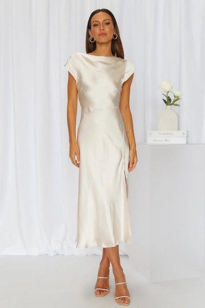 Giulia Dress – Elegant Satin Gown with Braided Back and Side Slit