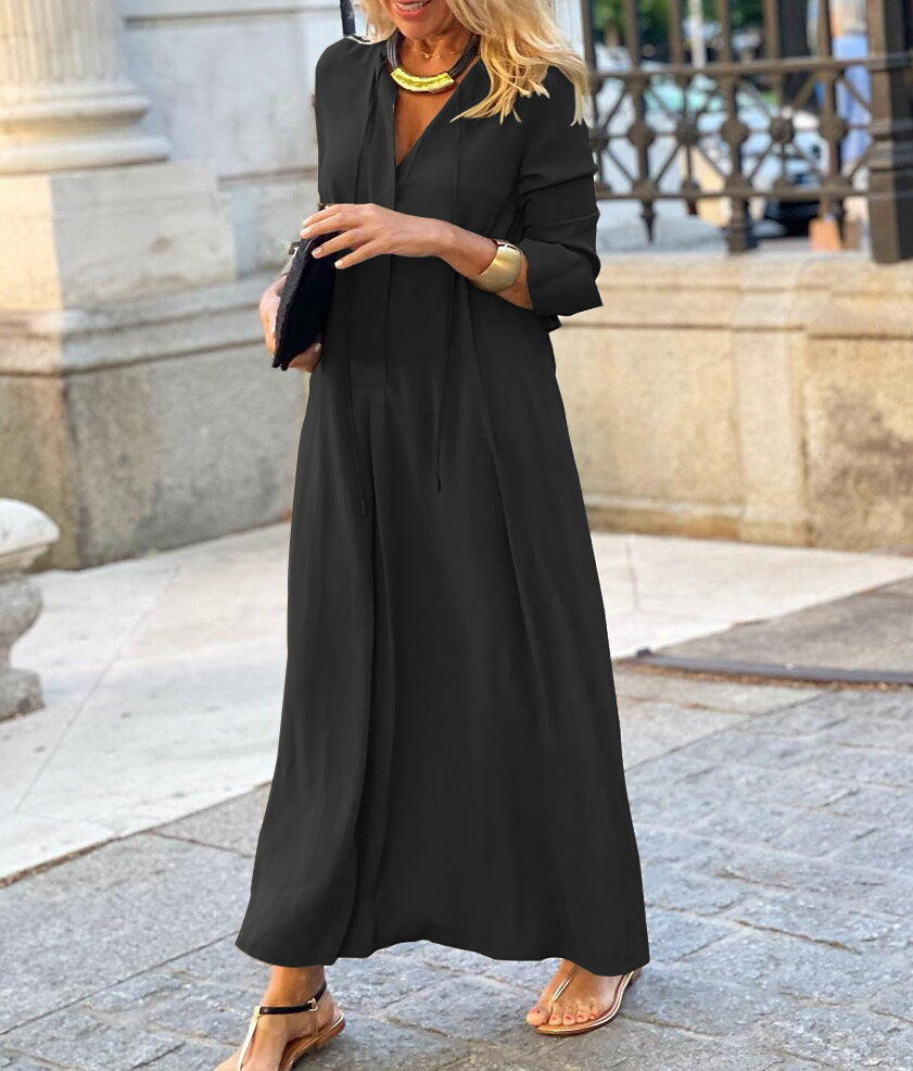 Abito Lungo Elegante da Donna – Vestito Fluido con Maniche 3/4 in Colore Unito