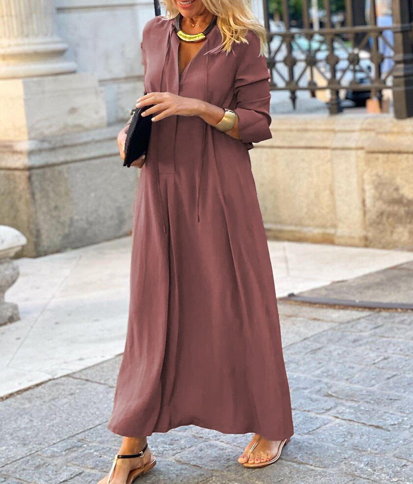 Abito Lungo Elegante da Donna – Vestito Fluido con Maniche 3/4 in Colore Unito