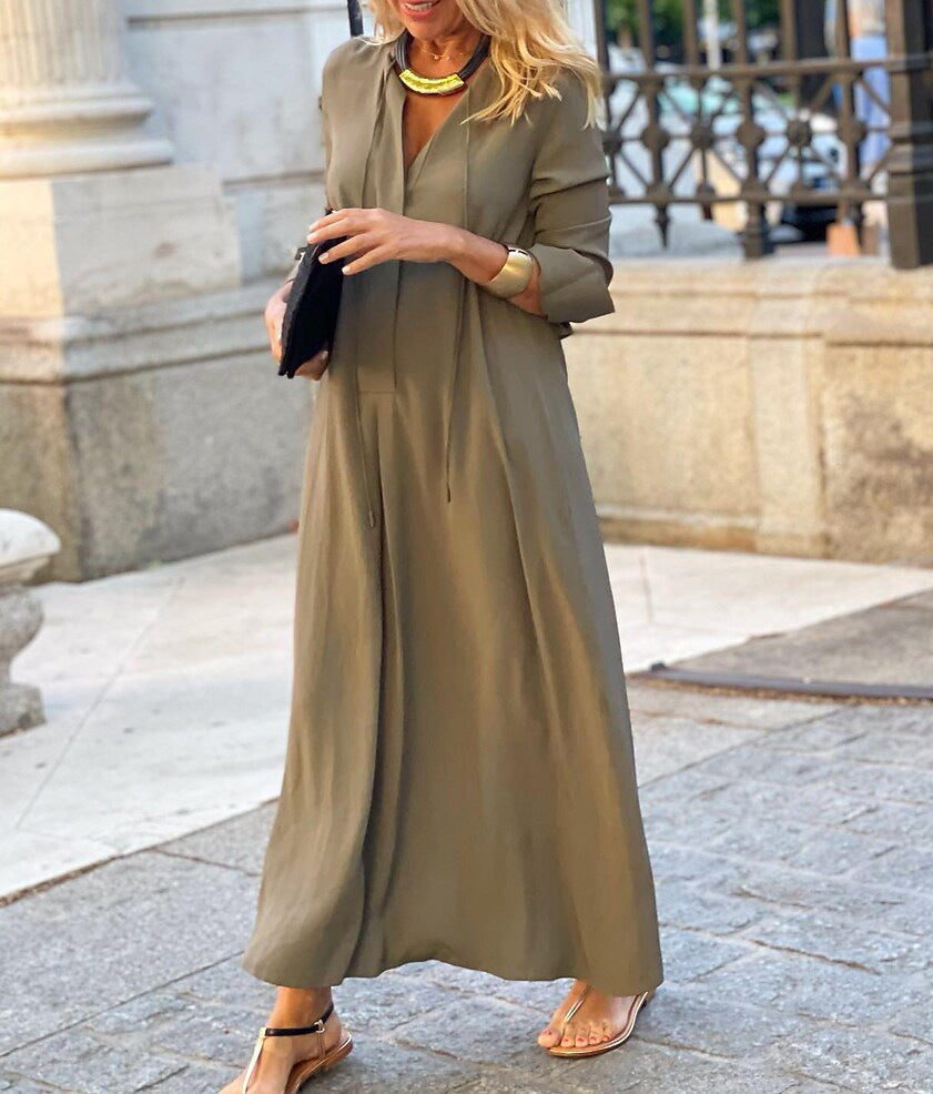 Abito Lungo Elegante da Donna – Vestito Fluido con Maniche 3/4 in Colore Unito