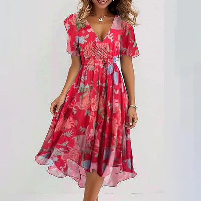 Lilia – Elegante Vestito Midi da Cerimonia con Maniche Corte e Gonna Svasata
