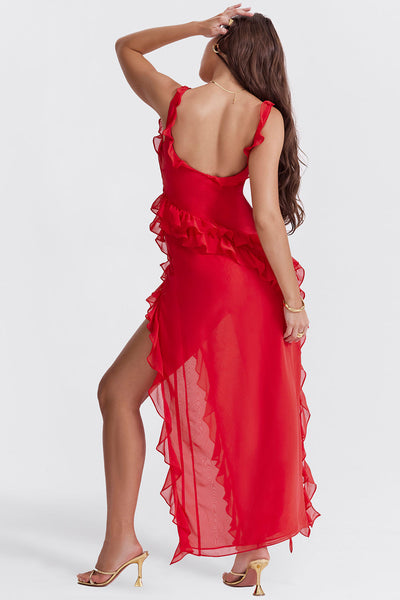 Abito Lungo Giorgia in Chiffon con Volant e Spacco