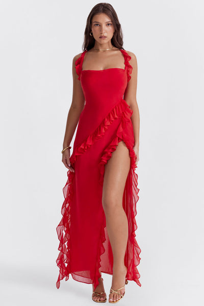 Abito Lungo Giorgia in Chiffon con Volant e Spacco