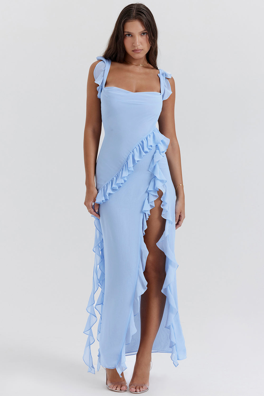 Abito Lungo Giorgia in Chiffon con Volant e Spacco
