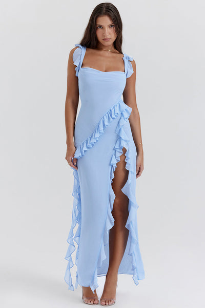 Abito Lungo Giorgia in Chiffon con Volant e Spacco
