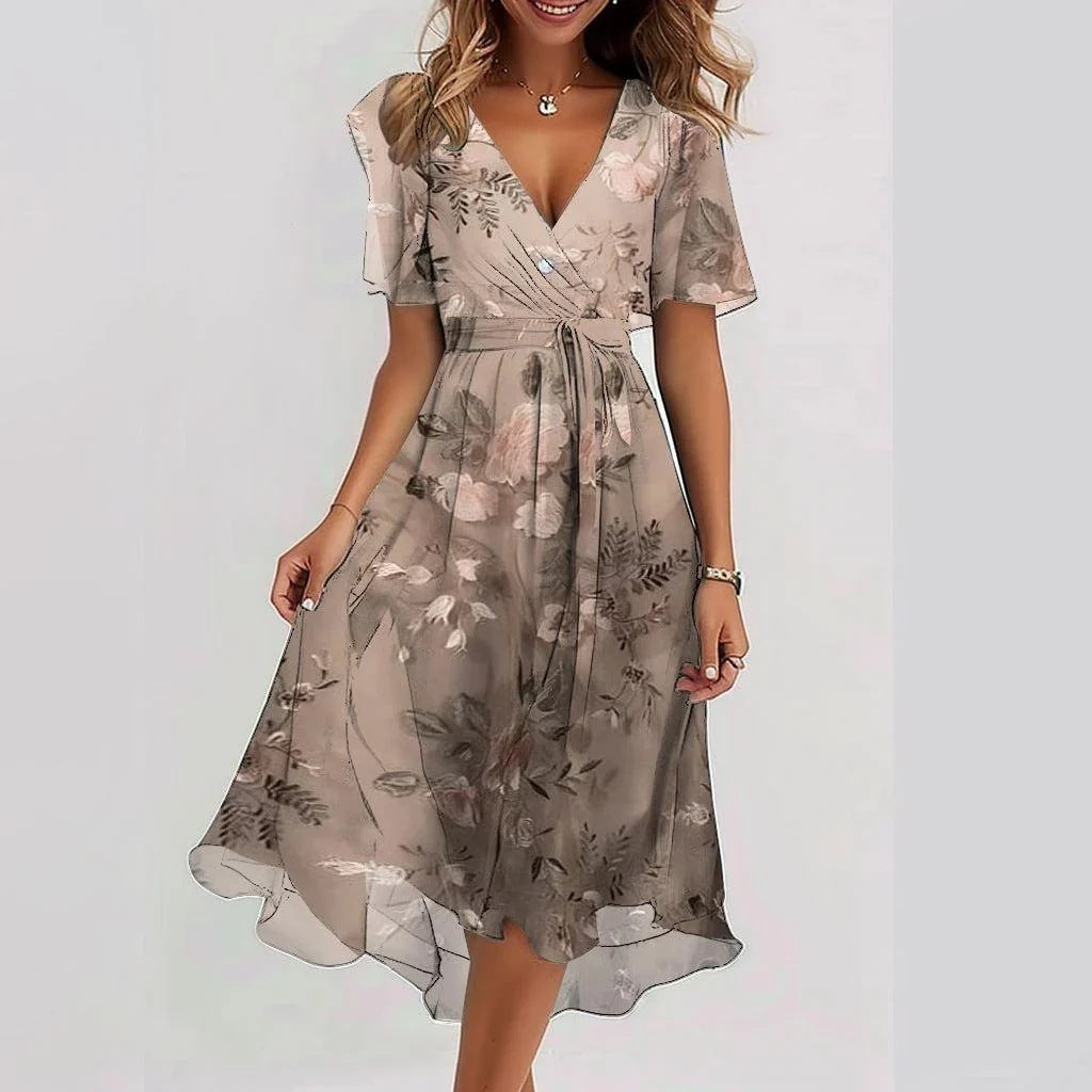 Lilia – Elegante Vestito Midi da Cerimonia con Maniche Corte e Gonna Svasata