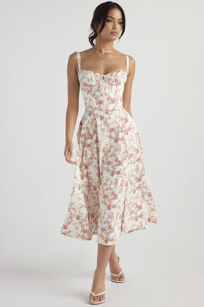 Daphne - Midi Dress with Floral Print and Lace-Up Corset