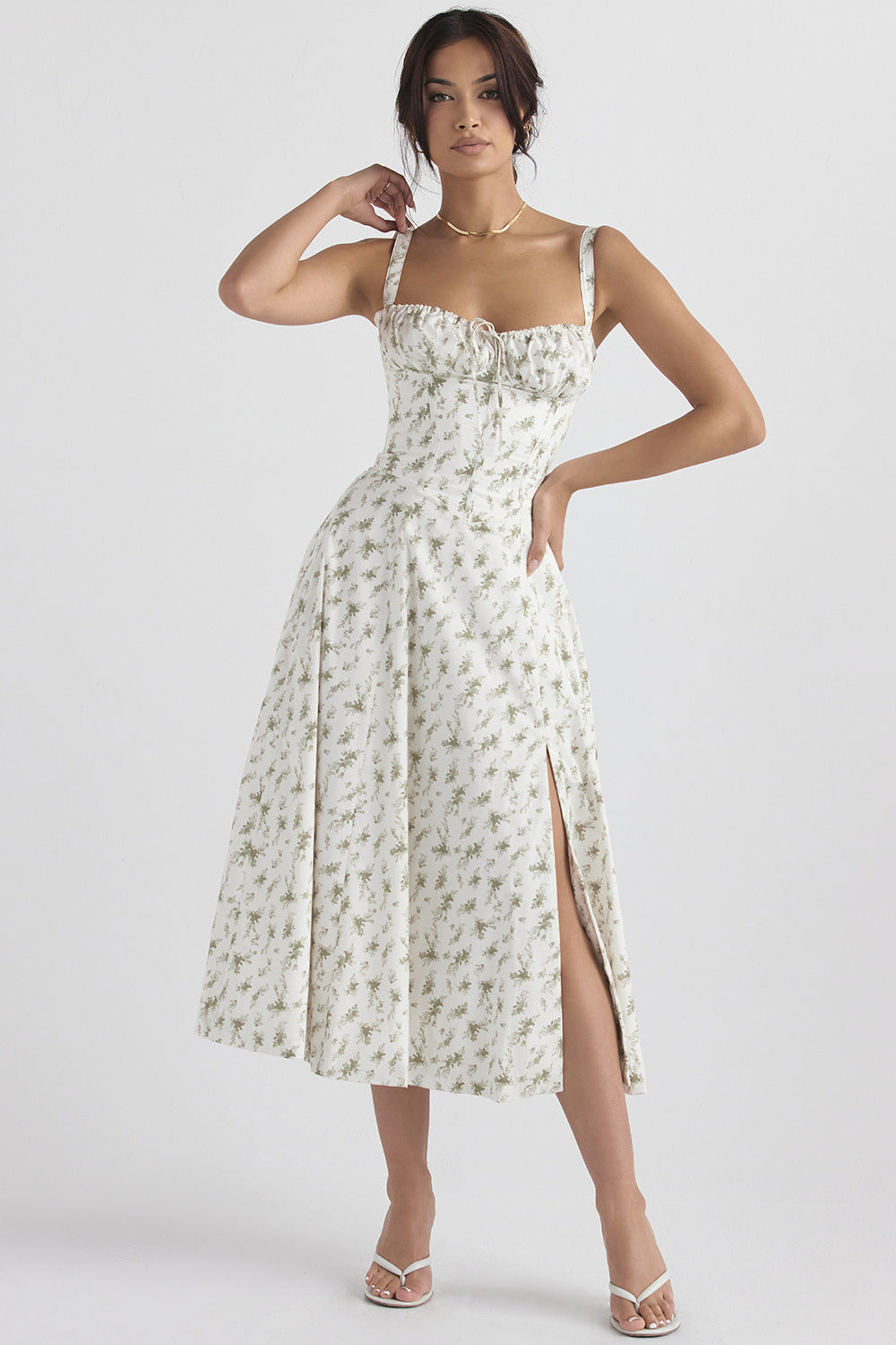 Daphne - Midi Dress with Floral Print and Lace-Up Corset