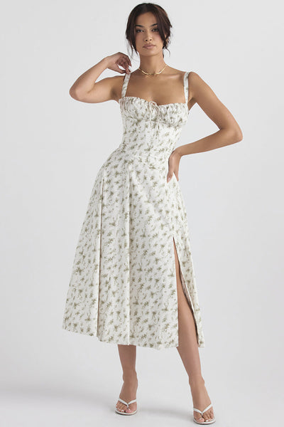 Daphne - Midi Dress with Floral Print and Lace-Up Corset