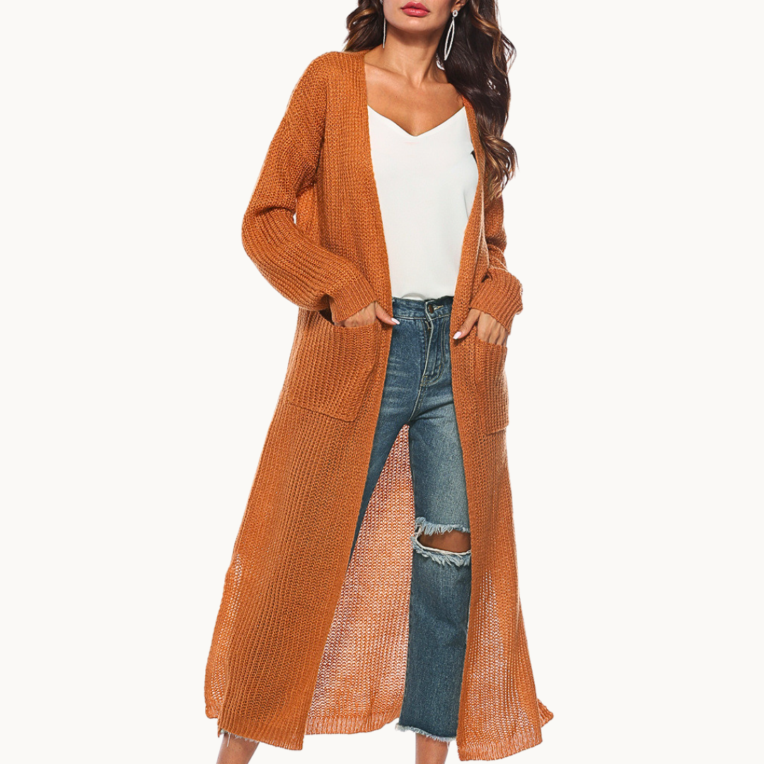 Cardigan Elegante Lungo Alessia – Maglia Morbida e Versatile con Tasche