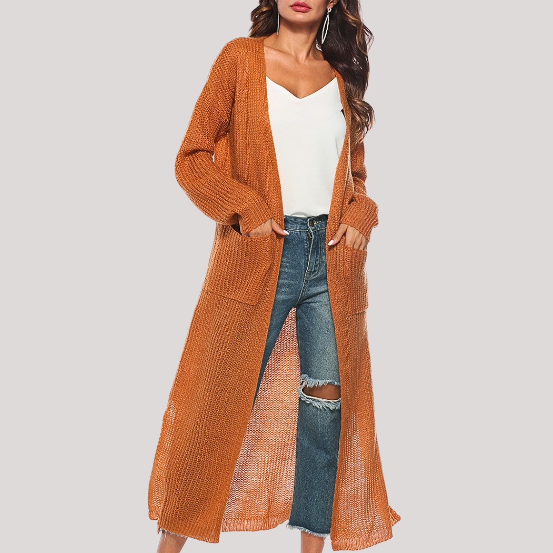 Cardigan Elegante Lungo Alessia – Maglia Morbida e Versatile con Tasche