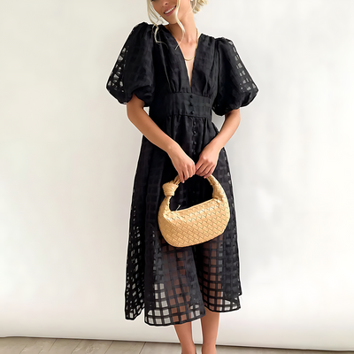 Abito Midi con Maniche Voluminose e Scollo a V