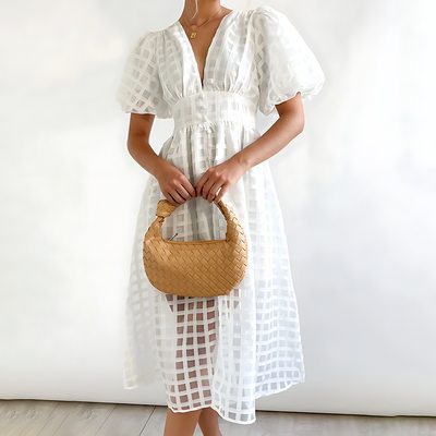 Abito Midi con Maniche Voluminose e Scollo a V