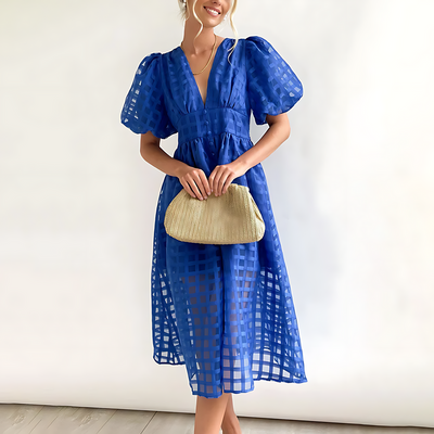Abito Midi con Maniche Voluminose e Scollo a V
