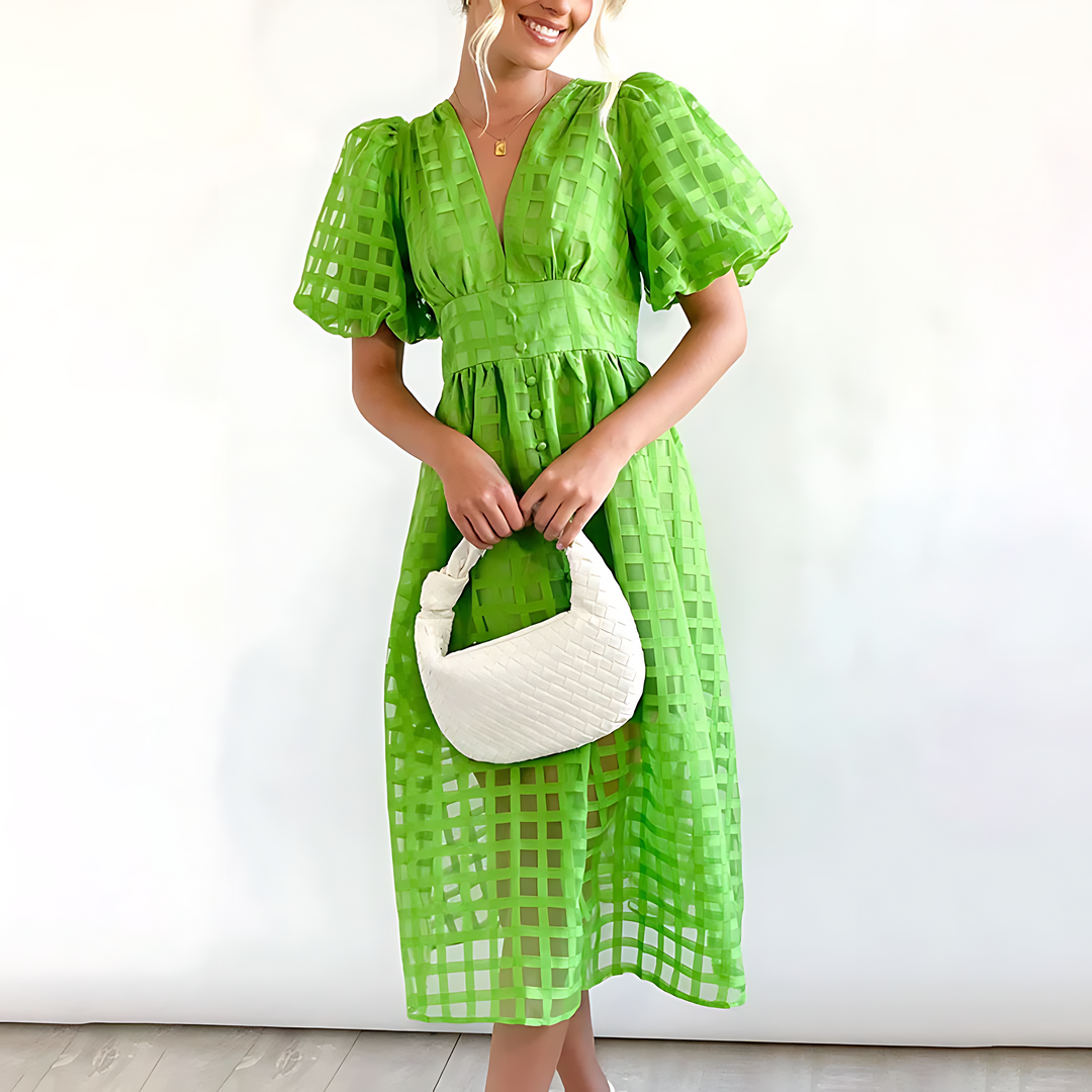 Abito Midi con Maniche Voluminose e Scollo a V