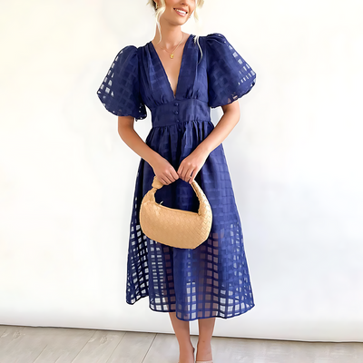 Abito Midi con Maniche Voluminose e Scollo a V