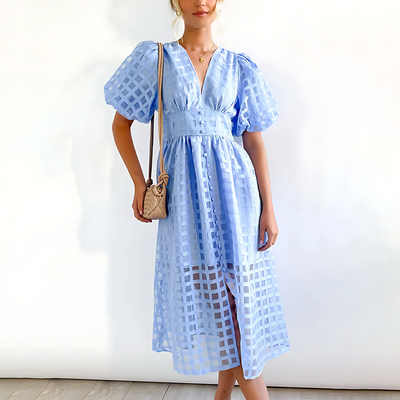 Abito Midi con Maniche Voluminose e Scollo a V