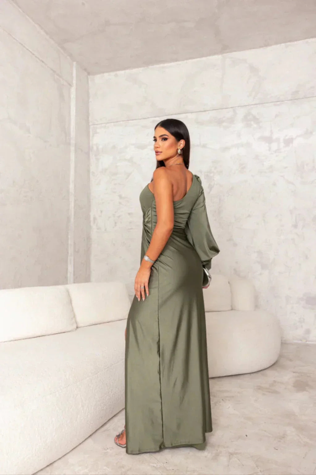 Valeria - Abito Lungo Asimmetrico in Satin con Drappeggiature