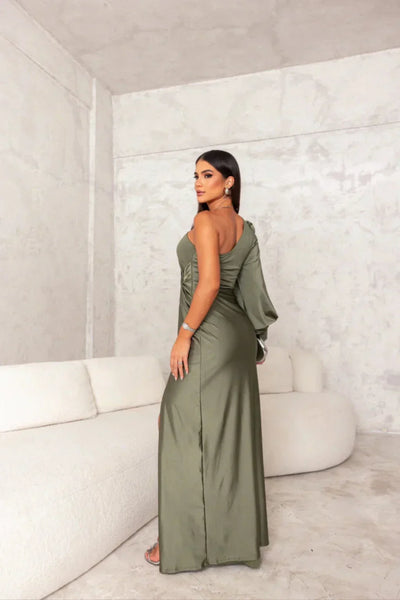 Valeria - Abito Lungo Asimmetrico in Satin con Drappeggiature