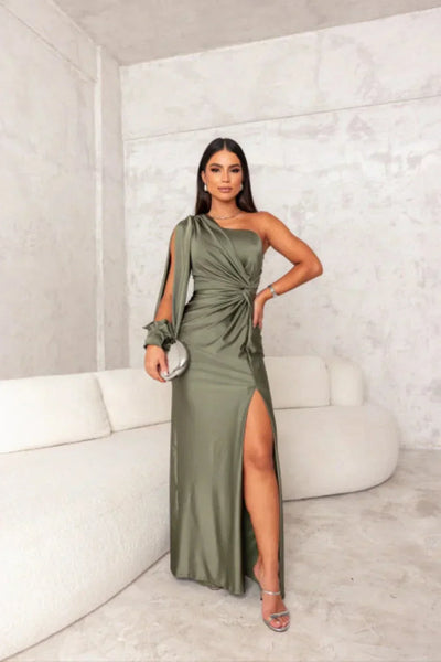 Valeria - Abito Lungo Asimmetrico in Satin con Drappeggiature