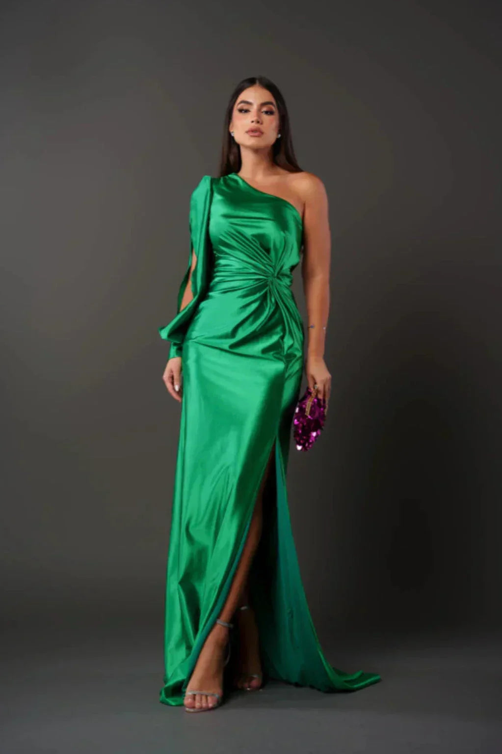Valeria - Abito Lungo Asimmetrico in Satin con Drappeggiature