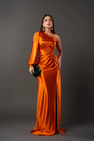 Valeria - Abito Lungo Asimmetrico in Satin con Drappeggiature