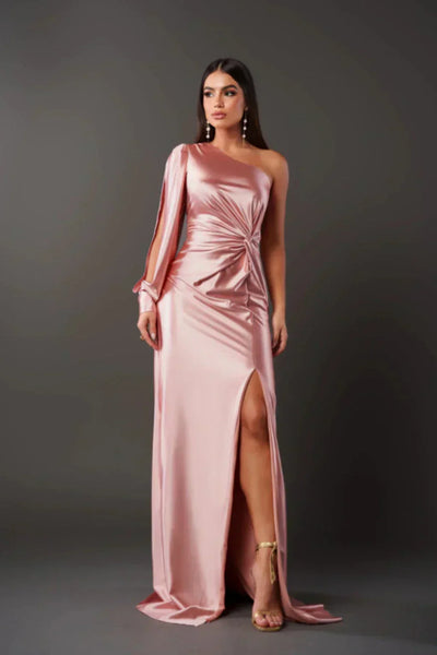Valeria - Abito Lungo Asimmetrico in Satin con Drappeggiature