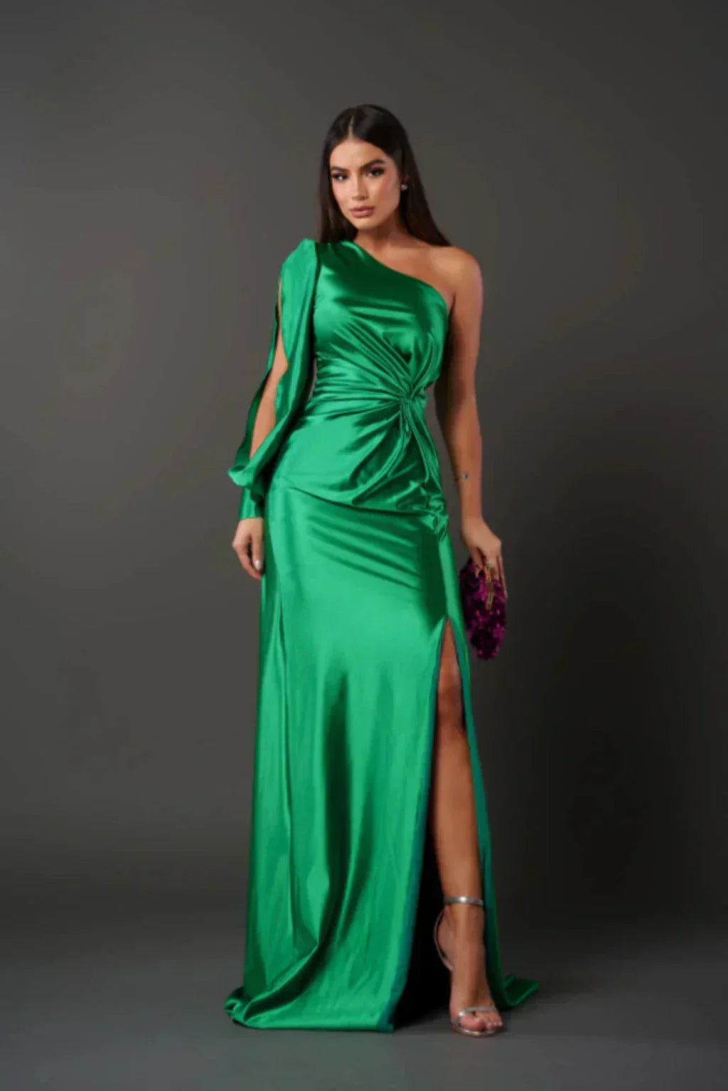 Valeria - Abito Lungo Asimmetrico in Satin con Drappeggiature