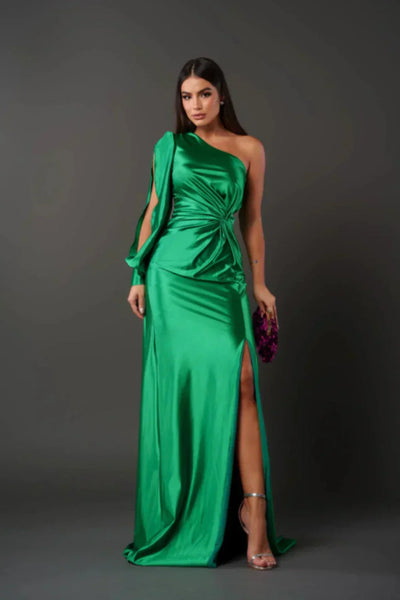 Valeria - Abito Lungo Asimmetrico in Satin con Drappeggiature